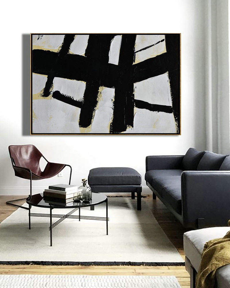 Acrylic Painting Large Wall Art,Horizontal Palette Knife Minimal Canvas Art Painting Black White Beige - Hand Painted Original Art